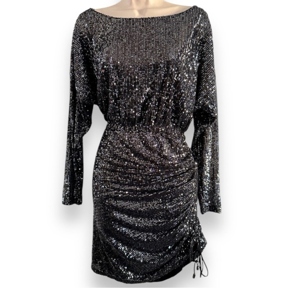 FREE PEOPLE Sequin GISELLE Drawstring Ruche Hem Graphite Mini Dress Medium NWT - Picture 2 of 11